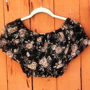 Hand Made Rose Adorned Black Semi-Sheer Crop Top